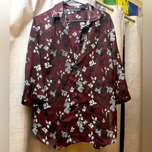 Attention, LG, Maroon, Floral-Print, Button-Up Blouse